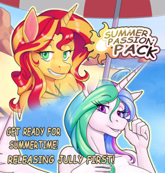 Size: 2613x2739 | Tagged: safe, artist:nauth, princess celestia, sunset shimmer, alicorn, anthro, unicorn, advertisement, beach, grammar error, hoers, summer, wings