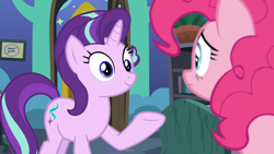 Size: 1920x1080 | Tagged: safe, screencap, pinkie pie, starlight glimmer, earth pony, pony, the maud couple, bed, book, bookshelf, equal sign, frown, potted plant, smiling, starlight's room