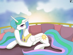 Size: 4000x3000 | Tagged: safe, artist:nehroz, princess celestia, alicorn, pony, looking at you, pillow, raised hoof, solo, sun, sunrise