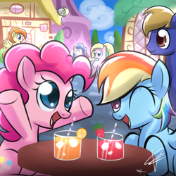 Size: 1280x1280 | Tagged: safe, artist:mister-markers, derpy hooves, pinkie pie, rainbow dash, oc, earth pony, pegasus, pony, cute, diapinkes, drink, female, food, glass, happy, male, mare, one eye closed, open mouth, orange, ponyville, signature, smiling, spread wings, stallion, straw, strawberry, table, talking, underhoof, wings