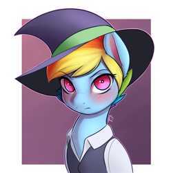 Size: 900x909 | Tagged: dead source, safe, artist:captainpudgemuffin, derpibooru import, rainbow dash, pegasus, pony, amanda o'neill, blushing, bust, crossover, cute, dashabetes, female, hat, little witch academia, looking at you, mare, solo, witch hat