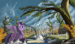 Size: 1600x936 | Tagged: safe, artist:auroriia, derpibooru import, twilight sparkle, twilight sparkle (alicorn), alicorn, pony, rabbit, animal, female, magic, mare, palindrome get, patronus, water