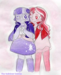 Size: 1377x1678 | Tagged: safe, artist:therainbowmaiden, sci-twi, sunset shimmer, twilight sparkle, equestria girls, clothes, coat, cute, female, heart eyes, hug, lesbian, looking at each other, one eye closed, scitwishimmer, shimmerbetes, shipping, smiling, sunsetsparkle, traditional art, wingding eyes