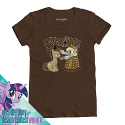 Size: 1000x1000 | Tagged: safe, artist:gimoody, derpy hooves, doctor whooves, twilight sparkle, twilight sparkle (alicorn), alicorn, pony, clothes, crossover, dalek, doctor who, exterminate, female, mare, official, t-shirt, welovefine