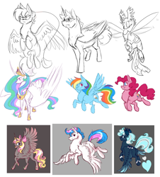 Size: 3573x3947 | Tagged: safe, artist:theperfecta, derpibooru import, pinkie pie, princess celestia, rainbow dash, oc, alicorn, changeling, earth pony, pegasus, pony, unicorn, annoyed, bow, bracelet, cutie mark, female, flying, hair bow, head wings, jewelry, looking back, male, mare, mixed media, regalia, simple background, sketch, sketch dump, smiling, spread wings, stallion, two toned mane, wings