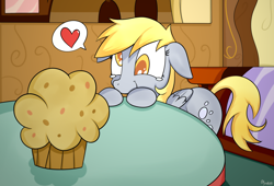 Size: 1440x978 | Tagged: safe, artist:ollywiicious, derpy hooves, pegasus, pony, female, heart, mare, muffin, solo, that pony sure does love muffins