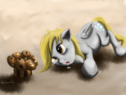 Size: 1024x768 | Tagged: safe, artist:winternachts, derpy hooves, pegasus, pony, digital art, drool, female, mare, muffin, solo, that pony sure does love muffins