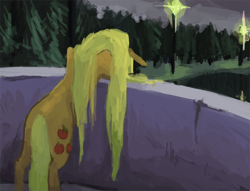 Size: 800x610 | Tagged: safe, artist:sterfler, applejack, earth pony, pony, bipedal, bipedal leaning, bridge, cloud, cloudy, depression, forest, frown, lantern, loose hair, night, reflection, sad, solo, water