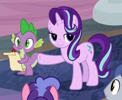 Size: 810x666 | Tagged: safe, screencap, spike, starlight glimmer, dragon, unicorn, school daze, cropped, female, lidded eyes, male, mare, out of context, parchment, quill, stallion