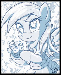 Size: 1794x2198 | Tagged: safe, artist:beamsaber, derpy hooves, pony, bipedal, clothes, credits, cute, equestria girls outfit, monochrome, muffin, necktie, solo, style emulation