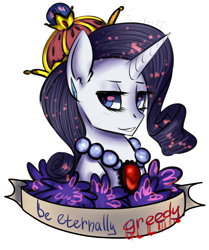 Size: 904x1082 | Tagged: safe, artist:yukomaussi, rarity, pony, unicorn, greed, old banner, solo