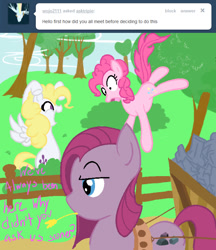 Size: 664x768 | Tagged: safe, artist:lowhitney, pinkie pie, surprise, earth pony, pony, g1, ask tripie, bush, fence, g1 to g4, generation leap, pinkamena diane pie, tree, tumblr