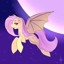 Size: 1280x1280 | Tagged: safe, artist:dream-phoenix, fluttershy, bat pony, pony, bats!, flutterbat, flying, moon, night, race swap, solo, stars