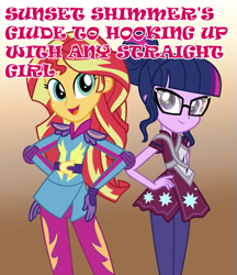 Size: 885x1024 | Tagged: safe, edit, edited screencap, screencap, sci-twi, sunset shimmer, twilight sparkle, equestria girls, friendship games, book cover, female, lesbian, parody, scitwishimmer, shipping, sunsetsparkle