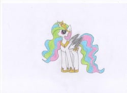 Size: 1024x744 | Tagged: safe, artist:larissagrifondoro, princess celestia, alicorn, pony, crown, female, horn, mare, multicolored mane, multicolored tail, solo, white coat, white wings, wings