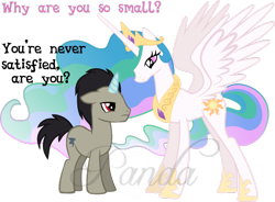 Size: 1024x754 | Tagged: safe, artist:ipandacakes, discord, princess celestia, alicorn, pony, dislestia, female, male, mare, ponified, pony discord, shipping, size difference, stallion, straight