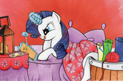 Size: 2000x1317 | Tagged: safe, artist:ecmonkey, rarity, pony, unicorn, drawing, fabric, lantern, sleep mask, solo, traditional art, yarn