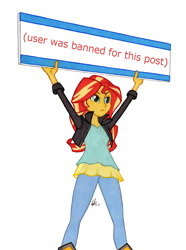 Size: 950x1278 | Tagged: safe, artist:manly man, edit, sunset shimmer, equestria girls, colored pencil drawing, female, meme, meta, protest, sign, simple background, solo, sunset's board, traditional art, user was banned for this post, white background