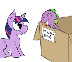 Size: 700x600 | Tagged: safe, artist:karpet-shark, derpibooru import, spike, twilight sparkle, dragon, box, cardboard box, filly, sign, tongue out, twily-daily, younger