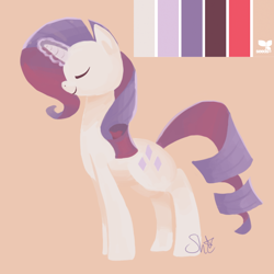 Size: 750x750 | Tagged: safe, artist:shikariix, rarity, pony, unicorn, cutie mark, eyes closed, female, glowing horn, horn, limited palette, mare, purple mane, purple tail, signature, simple background, smiling, solo, white coat