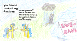 Size: 800x429 | Tagged: safe, artist:draconic-origin, derpy hooves, lemon hearts, sunshower raindrops, pegasus, pony, colored, crying, dialogue, female, implied muffins, mare, moving, raincloud, traditional art, u-haul