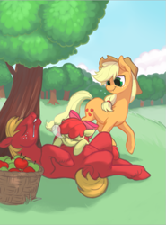 Size: 577x780 | Tagged: safe, artist:purmu, apple bloom, applejack, big macintosh, earth pony, pony, siblings, sisters, sleeping, snot bubble