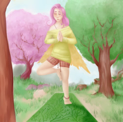Size: 569x564 | Tagged: safe, artist:threetwogetready, fluttershy, human, clothes, humanized, light skin, solo, sweater, sweatershy, yoga