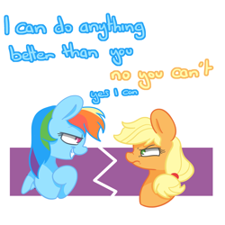 Size: 1500x1500 | Tagged: safe, artist:lou, derpibooru import, applejack, rainbow dash, earth pony, pegasus, pony, anything you can do, betty hutton, duo, duo female, female, fight, grin, howard keel, smiling, song reference, this will end in angry countryisms, unamused