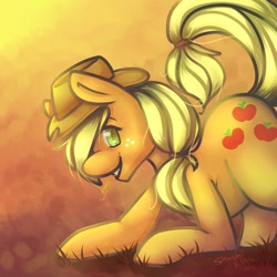 Size: 1000x1000 | Tagged: safe, artist:shushikitty, applejack, earth pony, pony, female, grass, mare, solo