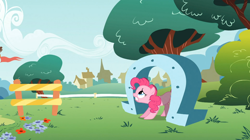 Size: 1054x592 | Tagged: safe, screencap, pinkie pie, earth pony, pony, feeling pinkie keen, hiding, solo