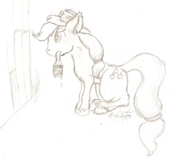 Size: 607x570 | Tagged: safe, artist:foxofwar, applejack, earth pony, pony, monochrome, mouth hold, paintbrush, sitting, traditional art, unshorn fetlocks