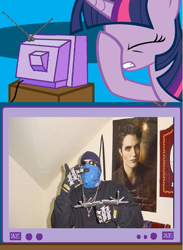 Size: 563x771 | Tagged: safe, derpibooru import, twilight sparkle, edward cullen, exploitable meme, facehoof, fail, gangsta, manly, meme, middle finger, obligatory pony, poster, thug life, tv meme, twilight (series), vulgar