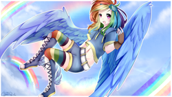 Size: 1920x1080 | Tagged: safe, artist:wolfchen999, derpibooru import, rainbow dash, human, anime, belly button, boots, clothes, converse, female, fingerless gloves, gloves, humanized, midriff, open mouth, rainbow socks, shoes, short shirt, shorts, socks, solo, striped socks, winged humanization, wings