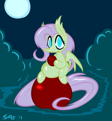 Size: 1280x1381 | Tagged: safe, artist:saliantsunbreeze, fluttershy, bat pony, pony, bats!, apple, chibi, cute, fangs, flutterbat, looking at you, moon, night, race swap, sitting, smiling, solo