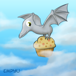 Size: 1000x1000 | Tagged: safe, artist:empyu, derpy hooves, pterosaur, muffin, solo, species swap