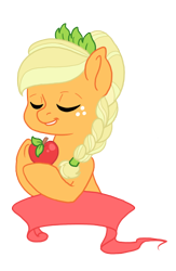 Size: 418x643 | Tagged: safe, artist:savvypants, applejack, earth pony, pony, alternate hairstyle, apple, braid, eyes closed, obligatory apple, simple background, solo