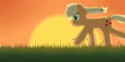 Size: 1264x632 | Tagged: safe, artist:abstract-spectrum, applejack, earth pony, pony, grass, running, solo, sunset