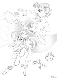 Size: 1651x2251 | Tagged: dead source, safe, artist:mlpanon, coco pommel, rarity, spike, dragon, earth pony, pony, unicorn, rarity takes manehattan, bedroom eyes, chalk, cloth, fabric, floppy ears, measuring tape, monochrome, pin, pincushion, pincushion spike, pins, raised hoof, scissors, simple background, sketch, smiling, string, thread, white background