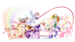 Size: 3176x1787 | Tagged: safe, artist:tohupo, applejack, fluttershy, pinkie pie, rainbow dash, rarity, starlight glimmer, twilight sparkle, twilight sparkle (alicorn), alicorn, earth pony, pegasus, pony, unicorn, apple, applejack's hat, balloon, bird house, confetti, cowboy hat, female, food, hat, mane six, mare, pocket watch, rainbow