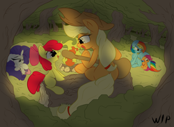 Size: 1280x938 | Tagged: safe, artist:madacon, derpibooru import, apple bloom, applejack, rainbow dash, rarity, scootaloo, sweetie belle, earth pony, pegasus, pony, unicorn, campfire, cutie mark crusaders, guitar, hug, sisters, winghug