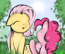 Size: 1700x1400 | Tagged: safe, artist:gromektwist, fluttershy, pinkie pie, earth pony, pegasus, pony, female, flutterpie, lesbian