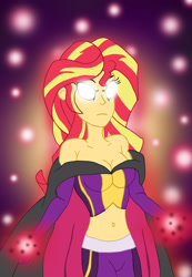 Size: 2000x2884 | Tagged: safe, artist:edcom02, sunset shimmer, human, equestria girls, belly button, belly shirt, cape, caption, clothes, costume, glowing eyes, magic, spiders and magic: rise of spider-mane, superhero