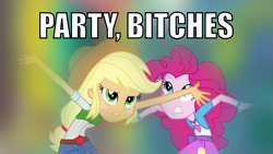 Size: 1363x769 | Tagged: safe, applejack, pinkie pie, equestria girls, clothes, duo female, female, image macro