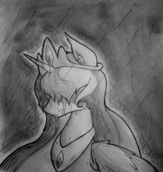 Size: 1071x1132 | Tagged: safe, artist:pw211, princess celestia, alicorn, pony, crying, hidden eyes, monochrome, rain, sad, solo, traditional art