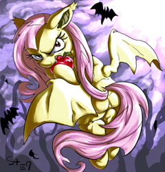 Size: 600x624 | Tagged: safe, artist:nekubi, fluttershy, bat, bat pony, pony, bats!, apple, biting, flutterbat, flying, pixiv, race swap, solo