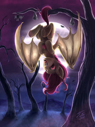 Size: 600x803 | Tagged: safe, artist:tsitra360, fluttershy, bat, bat pony, pony, bats!, flutterbat, hanging, night, race swap, solo