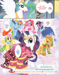 Size: 1280x1631 | Tagged: safe, artist:akira himekawa, derpibooru import, applejack, fluttershy, pinkie pie, princess celestia, rainbow dash, rarity, spike, twilight sparkle, alicorn, dragon, earth pony, pegasus, pony, unicorn, clothes, dialogue, dress, gala dress, mane seven, mane six, manga, plot, pucchigumi, translation