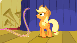 Size: 853x480 | Tagged: safe, screencap, applejack, earth pony, pony, boast busters, animated, apple, apple gag, bound and gagged, female, food, gag, hogtied, implied trixie, jackabuse, lasso, magic, mare, offscreen character, on back, rope, solo, tied up