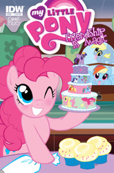 Size: 688x1044 | Tagged: safe, artist:marybellamy, idw, applejack, derpy hooves, fluttershy, pinkie pie, rainbow dash, rarity, spike, twilight sparkle, twilight sparkle (alicorn), alicorn, dragon, earth pony, pegasus, pony, unicorn, cake, cover art, cupcake, female, idw advertisement, mane seven, mane six, mare, official art, retailer incentive