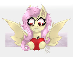 Size: 1200x930 | Tagged: safe, artist:joakaha, fluttershy, bat pony, pony, bats!, apple, flutterbat, race swap, solo